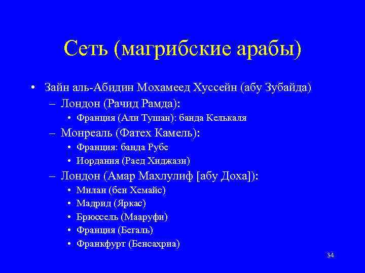 Сеть (магрибские арабы) • Зайн аль-Абидин Мохамеед Хуссейн (абу Зубайда) – Лондон (Рачид Рамда):