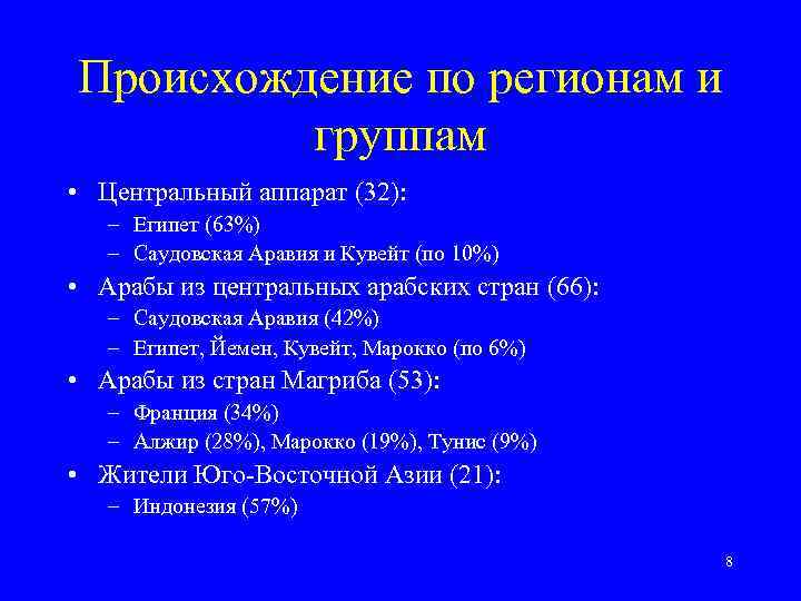 Происхождение по регионам и группам • Центральный аппарат (32): – Египет (63%) – Саудовская