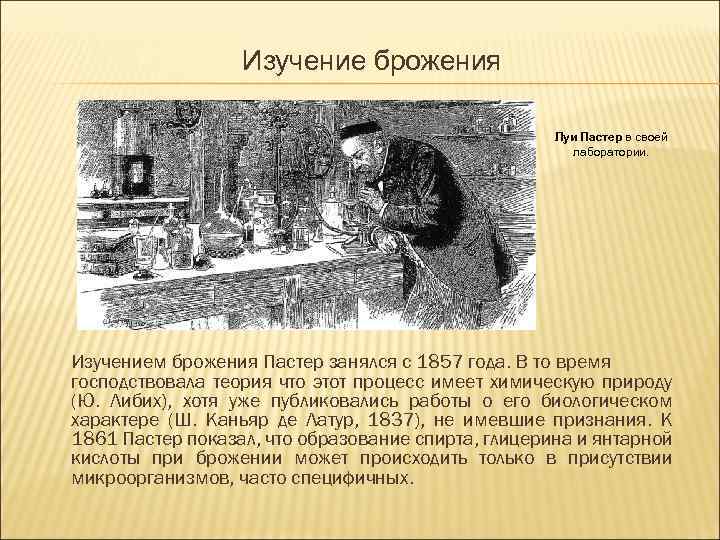 Изучение брожения Луи Пастер в своей лаборатории. Изучением брожения Пастер занялся с 1857 года.