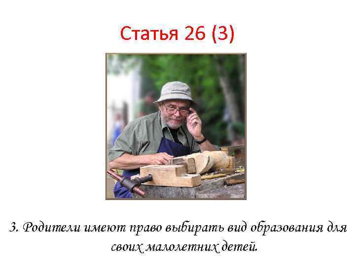 Статья 26 (3) 3. Родители имеют право выбирать вид образования для своих малолетних детей.