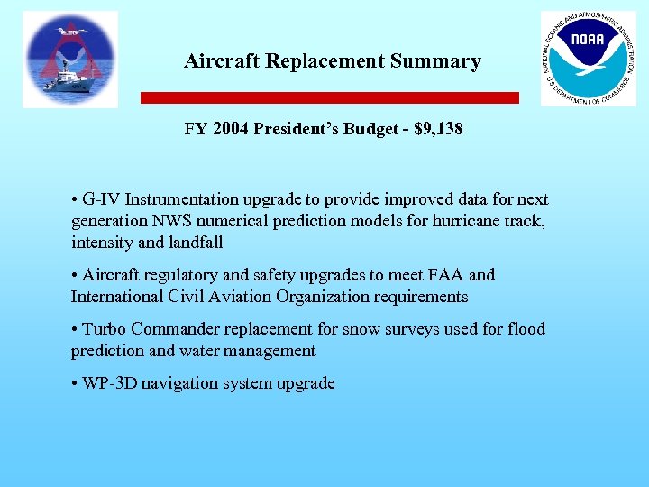 Aircraft Replacement Summary FY 2004 President’s Budget - $9, 138 • G-IV Instrumentation upgrade