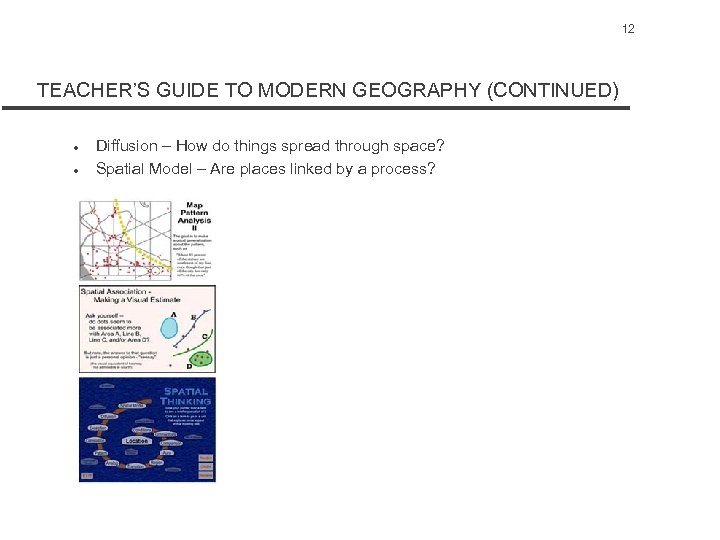 12 TEACHER’S GUIDE TO MODERN GEOGRAPHY (CONTINUED) l l Diffusion – How do things