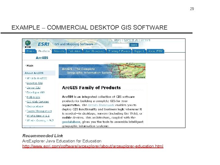 29 EXAMPLE – COMMERCIAL DESKTOP GIS SOFTWARE Recommended Link Arc. Explorer Java Education for