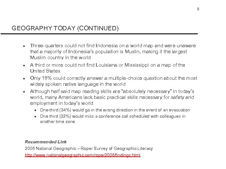 6 GEOGRAPHY TODAY (CONTINUED) l l Three-quarters could not find Indonesia on a world