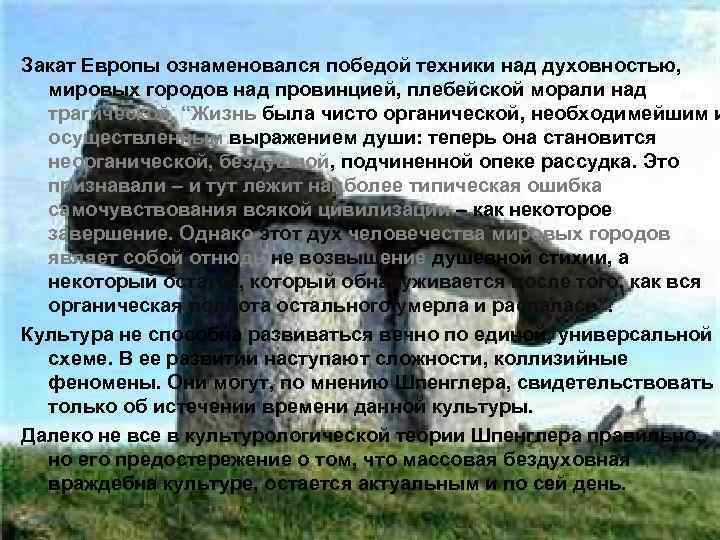 Закат Европы ознаменовался победой техники над духовностью, мировых городов над провинцией, плебейской морали над