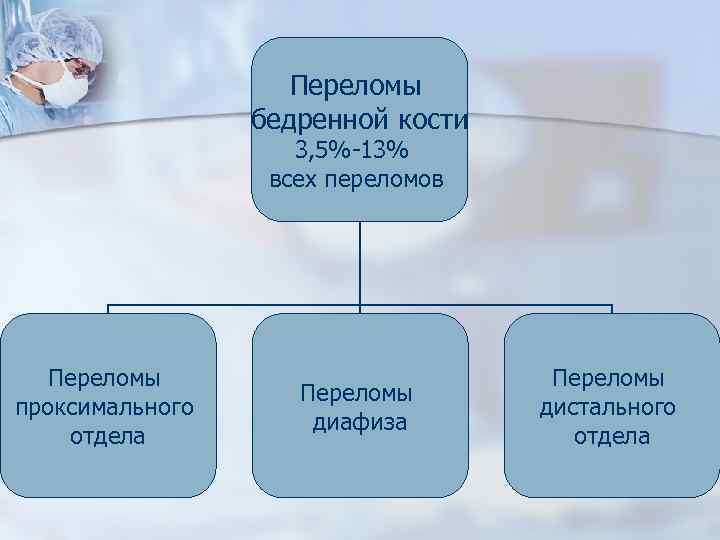 Переломы бедренной кости 3, 5%-13% всех переломов Переломы проксимального отдела Переломы диафиза Переломы дистального