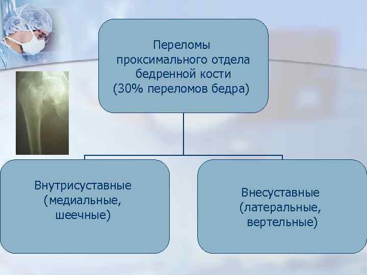 Переломы проксимального отдела бедренной кости (30% переломов бедра) Внутрисуставные (медиальные, шеечные) Внесуставные (латеральные, вертельные)