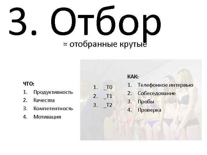 3. Отбор = отобранные крутые ЧТО: 1. Продуктивность 2. Качества 3. Компетентность 4. Мотивация