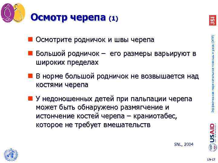 n Осмотрите родничок и швы черепа n Большой родничок – его размеры варьируют в