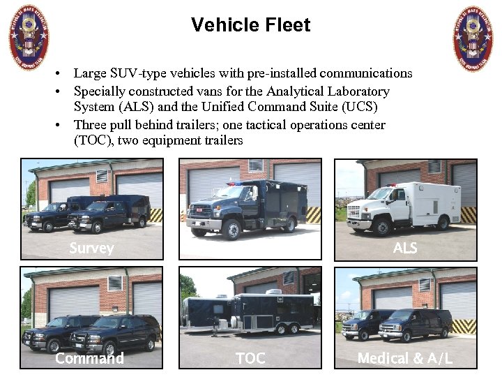 Vehicle Fleet • Large SUV-type vehicles with pre-installed communications • Specially constructed vans for