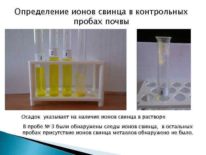 Определение ионов свинца в контрольных пробах почвы Осадок указывает на наличие ионов свинца в