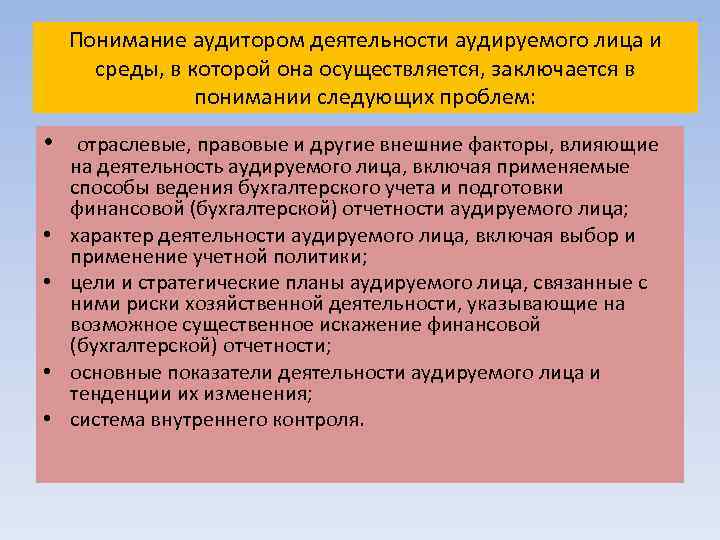 Понимание аудитором деятельности аудируемого лица и среды, в которой она осуществляется, заключается в понимании