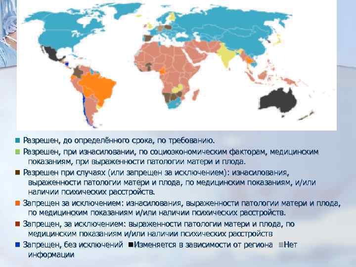  Разрешен, до определённого срока, по требованию. Разрешен, при изнасиловании, по социоэкономическим факторам, медицинским