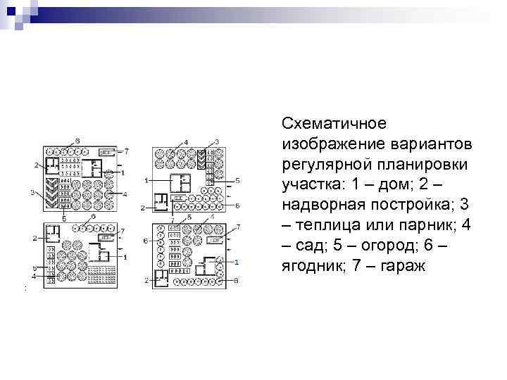  Схематичное изображение вариантов регулярной планировки участка: 1 – дом; 2 – надворная постройка;