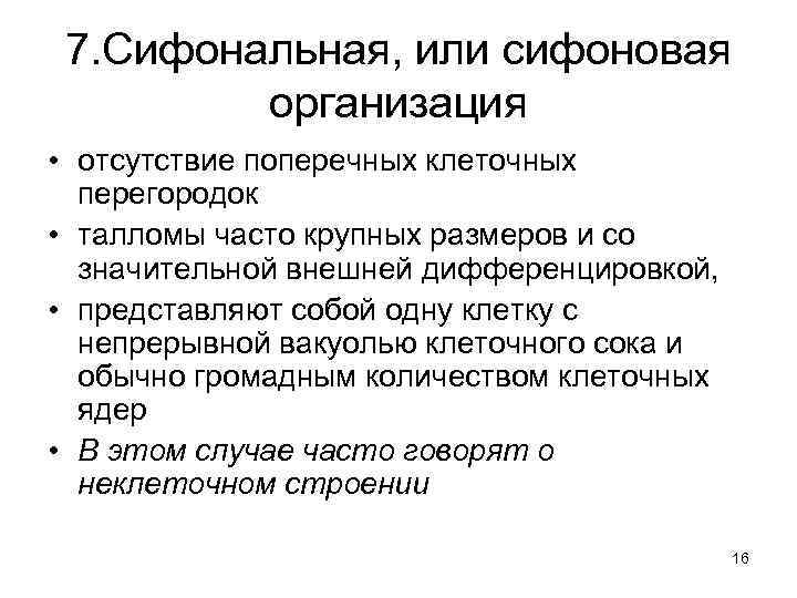 7. Сифональная, или сифоновая организация • отсутствие поперечных клеточных перегородок • талломы часто крупных