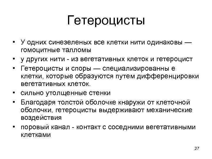 Гетероцисты • У одних синезеленых все клетки нити одинаковы — гомоцитные талломы • у