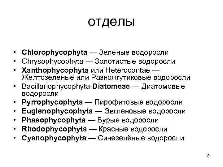 отделы • Chlorophycophyta — Зеленые водоросли • Chrysophycophyta — Золотистые водоросли • Xanthophycophyta или
