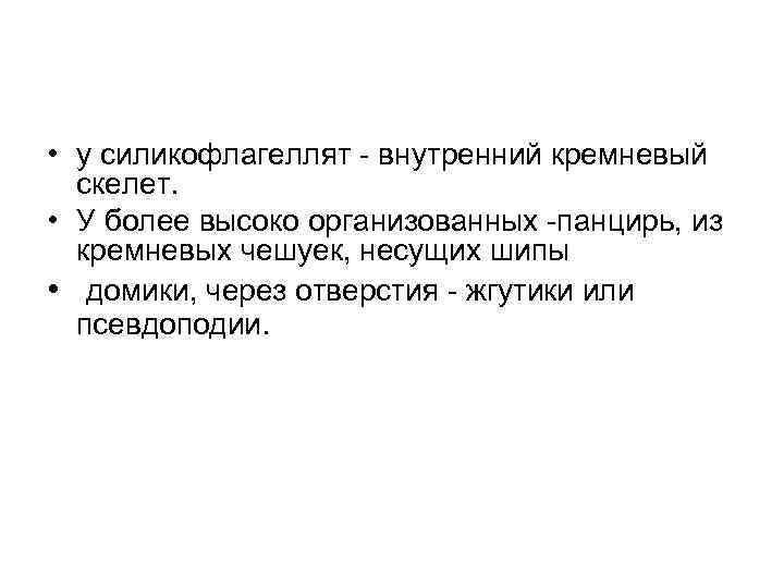  • у силикофлагеллят - внутренний кремневый скелет. • У более высоко организованных -панцирь,
