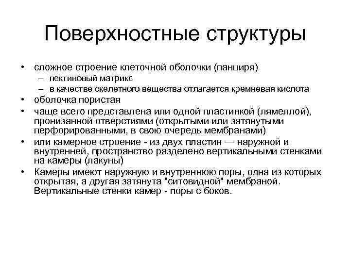 Поверхностные структуры • сложное строение клеточной оболочки (панциря) – пектиновый матрикс – в качестве