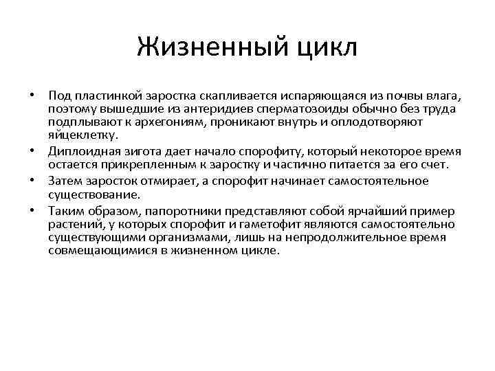 Жизненный цикл • Под пластинкой заростка скапливается испаряющаяся из почвы влага, поэтому вышедшие из