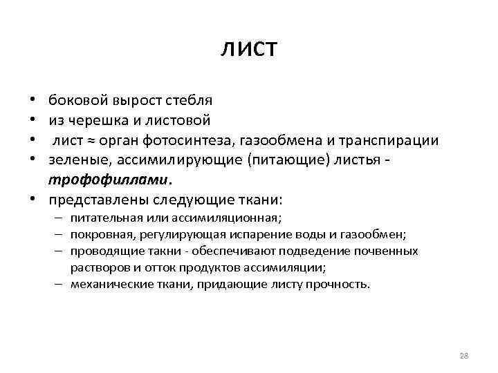 лист боковой вырост стебля из черешка и листовой лист ≈ орган фотосинтеза, газообмена и