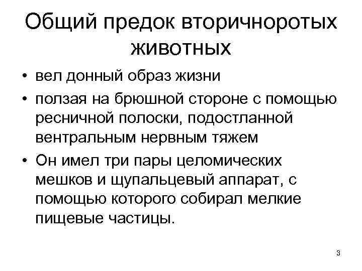 Общий предок вторичноротых животных • вел донный образ жизни • ползая на брюшной стороне