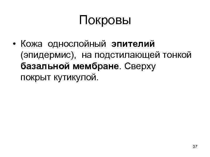 Покровы • Кожа однослойный эпителий (эпидермис), на подстилающей тонкой базальной мембране. Сверху покрыт кутикулой.