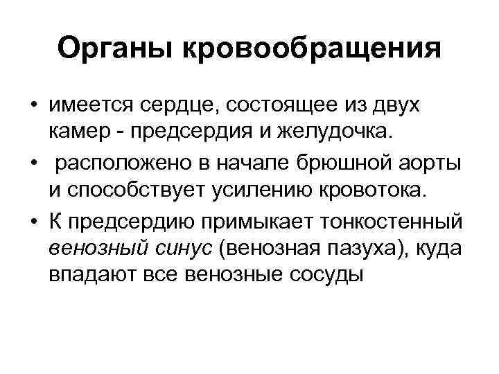 Органы кровообращения • имеется сердце, состоящее из двух камер - предсердия и желудочка. •