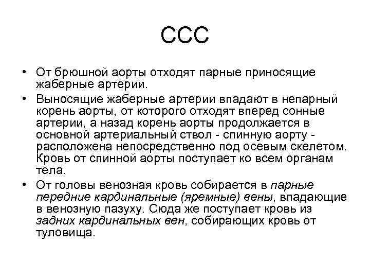 ССС • От брюшной аорты отходят парные приносящие жаберные артерии. • Выносящие жаберные артерии
