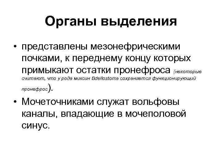 Органы выделения • представлены мезонефрическими почками, к переднему концу которых примыкают остатки пронефроса (некоторые