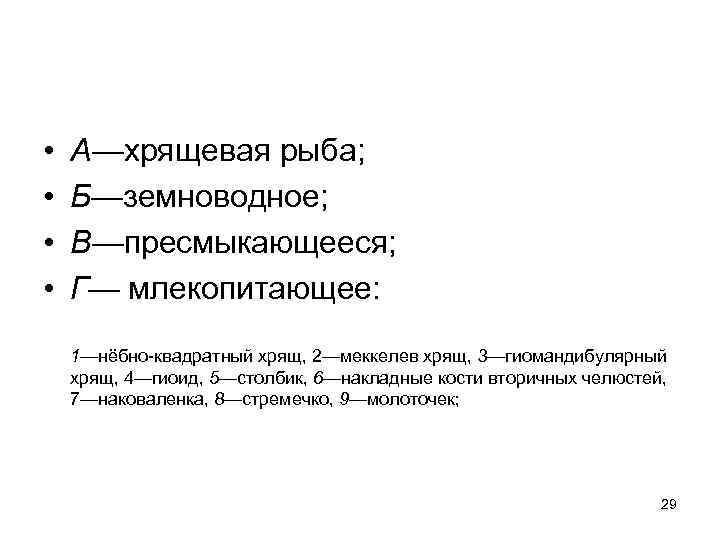  • • А—хрящевая рыба; Б—земноводное; В—пресмыкающееся; Г— млекопитающее: 1—нёбно-квадратный хрящ, 2—меккелев хрящ, 3—гиомандибулярный