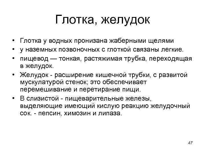 Глотка, желудок • Глотка у водных пронизана жаберными щелями • у наземных позвоночных с