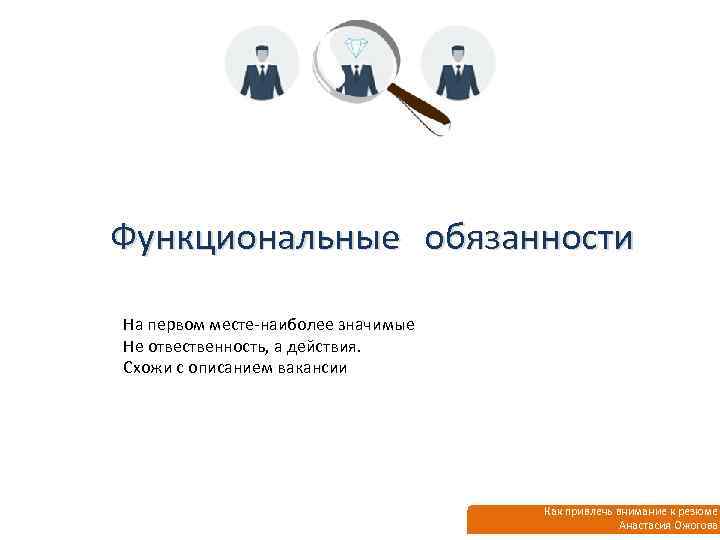 Функциональные обязанности На первом месте-наиболее значимые Не отвественность, а действия. Схожи с описанием вакансии