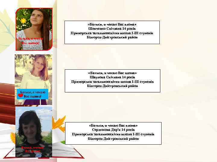 Батьки, я чекаю Вас вдома! «Батьки, я чекаю Вас вдома» Шевченко Світлана 14 років