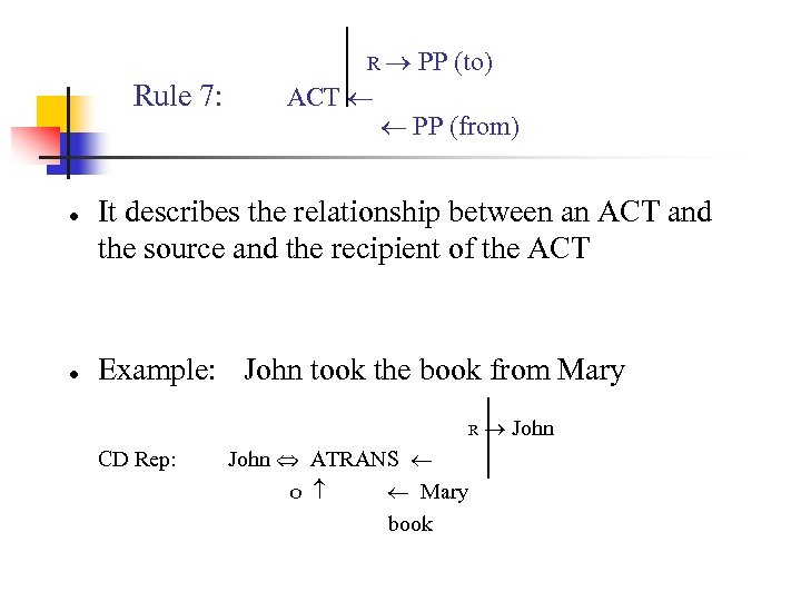 R Rule 7: ● ● ACT PP (to) PP (from) It describes the relationship