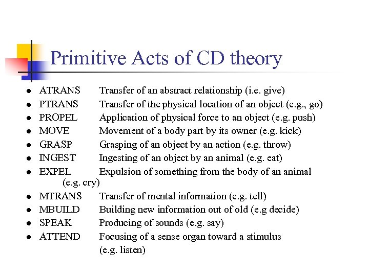 Primitive Acts of CD theory ● ● ● ATRANS Transfer of an abstract relationship