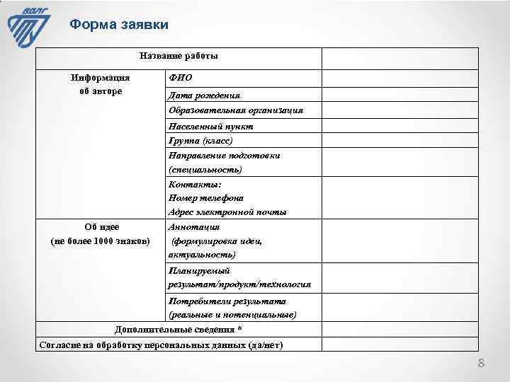 Форма заявки Название работы Информация об авторе ФИО Дата рождения Образовательная организация Населенный пункт