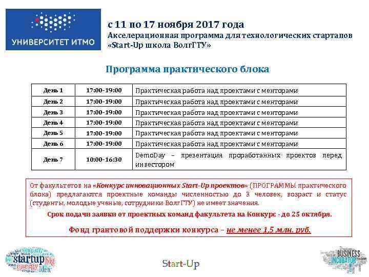 с 11 по 17 ноября 2017 года Акселерационная программа для технологических стартапов «Start-Up школа