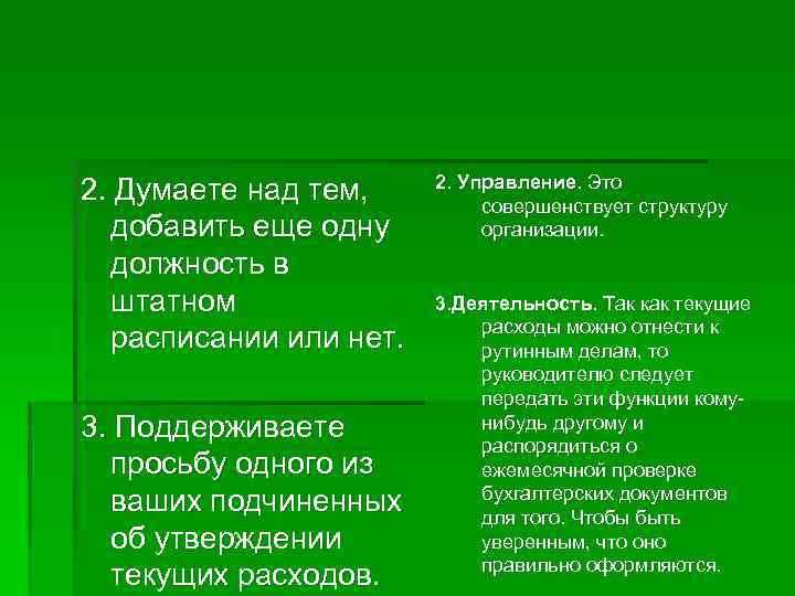 2. Думаете над тем, добавить еще одну должность в штатном расписании или нет. 3.