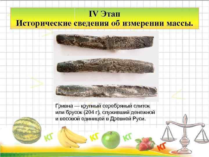 IV Этап Исторические сведения об измерении массы. Гривна — крупный серебряный слиток или брусок