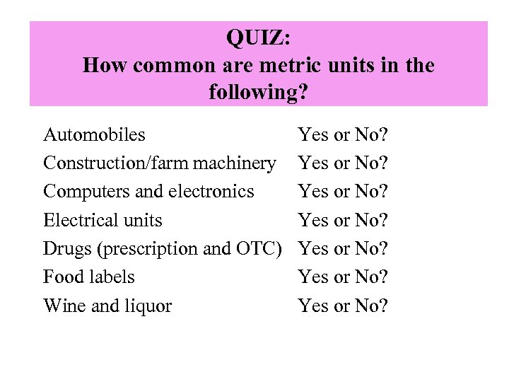 QUIZ: How common are metric units in the following? Automobiles Construction/farm machinery Computers and