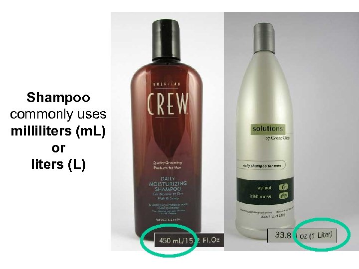 Shampoo commonly uses milliliters (m. L) or liters (L) 