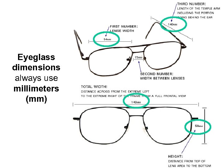 Eyeglass dimensions always use millimeters (mm) 