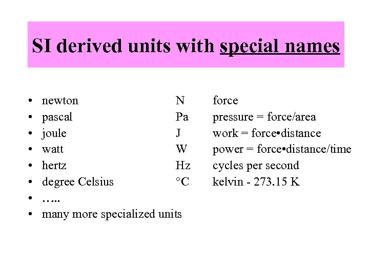 SI derived units with special names • • newton N pascal Pa joule J