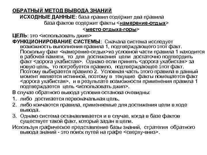 ОБРАТНЫЙ МЕТОД ВЫВОДА ЗНАНИЙ ИСХОДНЫЕ ДАННЫЕ: база правил содержит два правила база фактов содержит