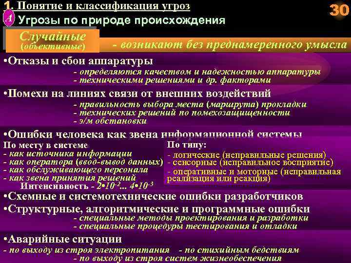 1. Понятие и классификация угроз А Угрозы по природе происхождения Случайные (объективные) 30 -