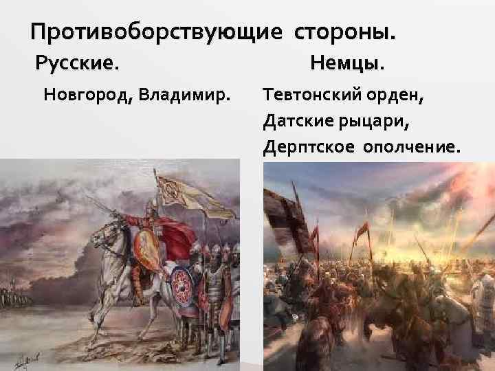 Противоборствующие стороны. Русские. Немцы. Новгород, Владимир. Тевтонский орден, Датские рыцари, Дерптское ополчение. 