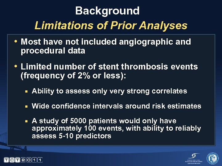 Background Limitations of Prior Analyses • Most have not included angiographic and procedural data
