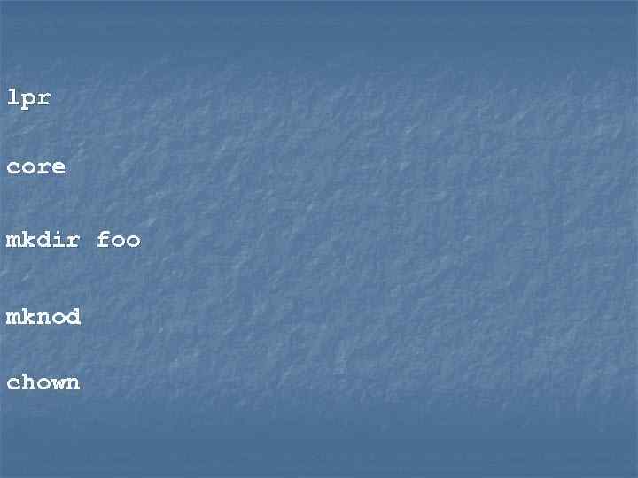 lpr core mkdir foo mknod chown 
