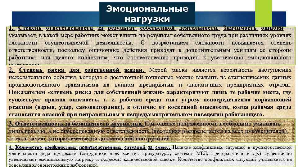 Эмоциональные нагрузки 1. Степень ответственности за результат собственной деятельности. Значимость ошибки указывает, в какой